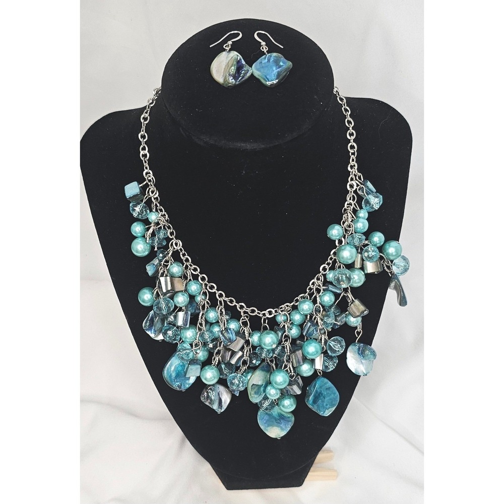 Turquoise Blue‎ Abalone Shell Faux Pearl Statement Bib Necklace Earring Set